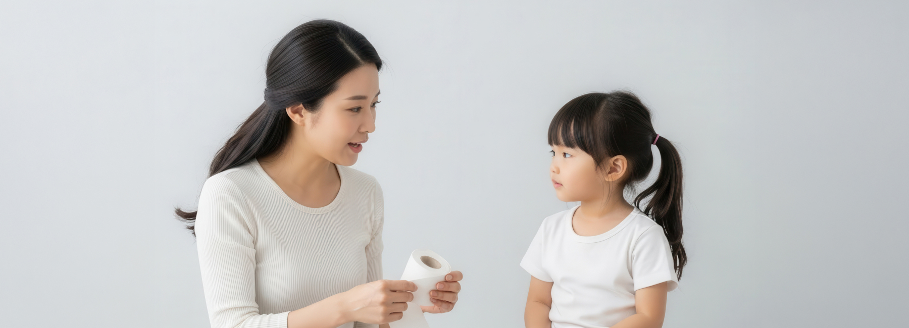 휴지를 들고있는 엄마와 쳐다보는 여아